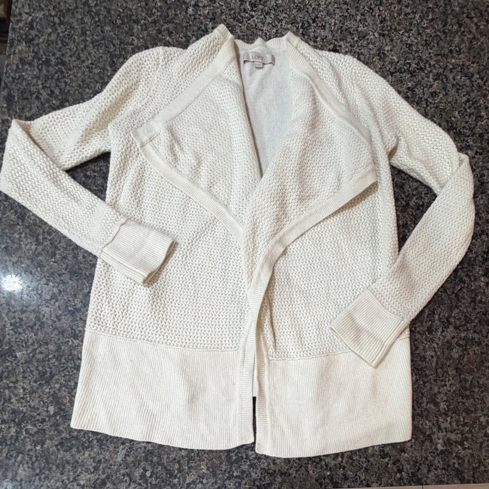 LOFT Womens Cream White Open Front Draped Shawl Collar Knit Cardigan Sweater S